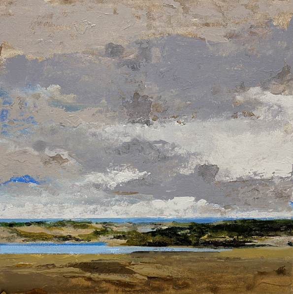 Buitenruimte 01, acryl op linnen, 30x30 cm. abstract landschap, zee, water, bruin, duinen