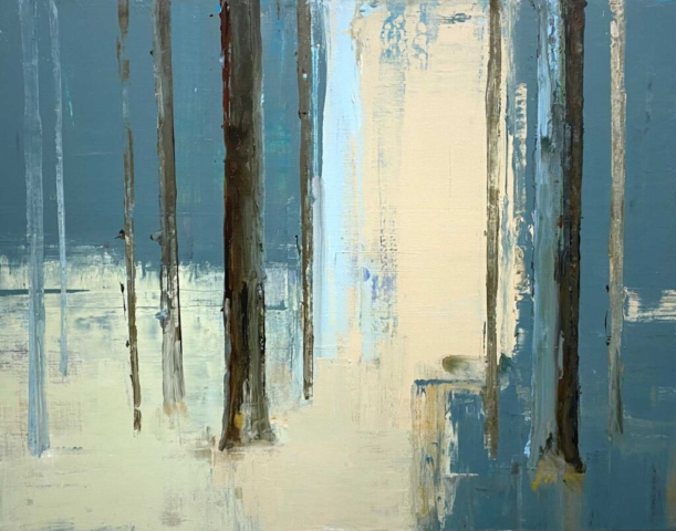 Helmuth van Galen, schilderij, inside-out, bomen, bos, ritme, abstraheren, blauw, geel