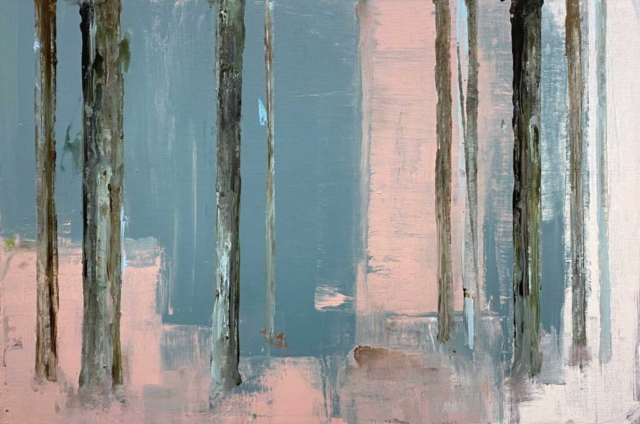 Helmuth van Galen, schilderij, bos, bomen, inside-out, blauw, roze, ritme, structuur