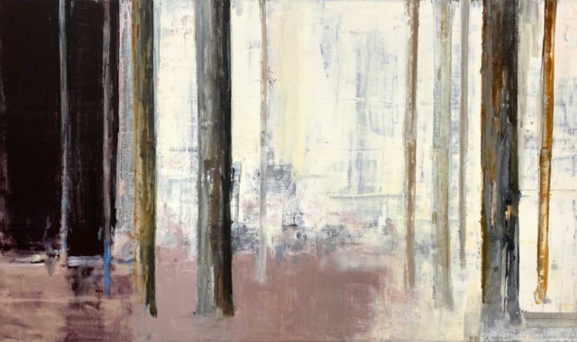 Helmuth van Galen, ritme, schilderijen, bos, bomen, verstild, donker, contrast, geel, roze
