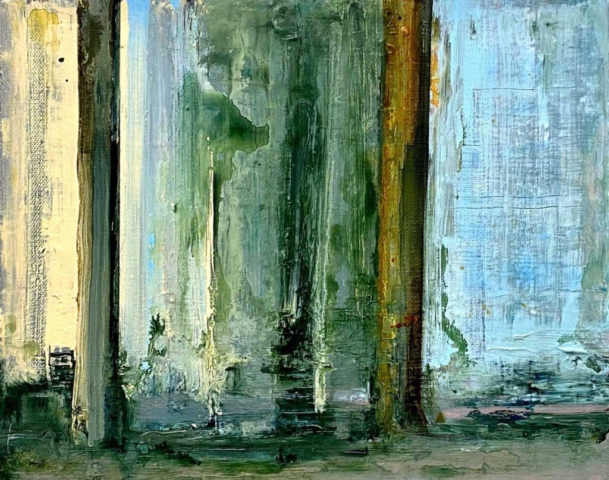 Schilderijen, Helmuth van Galen, ritme, bos, groen, geel, blauw, bomen, abstraheren